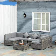 Outsunny 7 Pieces Garden Wicker Sectional Sofa Set Patio Outdoor Furniture All Weather With Cushion Grey