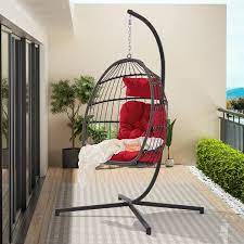 Modern Wicker Indoor And Outdoor Patio Swing Hanging Egg Chair With Red Cushion Garden Rattan Hammock Chair With Stand