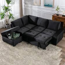 87 4 In L Shape Velvet Sectional Sofa In Black 5 Seat Sofa Bed With 2 Usb Storage Ottoman And Storage Arm