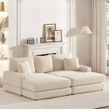 86 In Comfy Square Arm Polyester Corduroy Modular Deep 3 Seater Sofa Couch With Back Pillows Toss Pillows And Ottoman