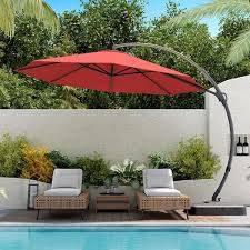 Deluxe Large Offset Umbrella 12 Ft Aluminum Cantilever Manual Tilt Patio Umbrella In Red With Base