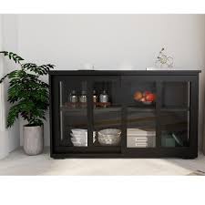 Urtr Modern Black Wood Kitchen Storage Cabinet With Glass Door Sliding Door And Adjustable Shelf