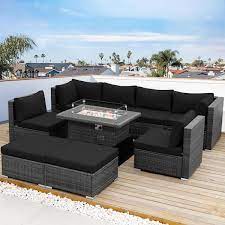 9 Pieces Large Gray Wicker Patio Deep Seating Sectional Sofa Set With Fire Pit Table Black Cushions And Ottomans