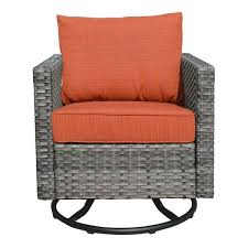 Mirage 6 Piece Wicker Patio Rectangular Fire Pit Set And With Orange Red Cushions And Swivel Rocking Chairs