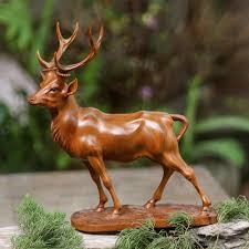 Suar Wood Deer Sculpture With Onyx Eyes