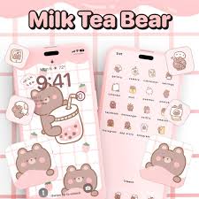 45 Pink Cute Milk Tea Bear App Icons