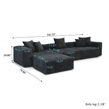 141 In W Black Square Arm 6 Piece Corduroy Velvet Free Combination Modular 6 Seats Sectional Sofa With Ottoman