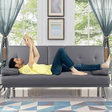 Homestock Gray Futon Sofa Bed Faux