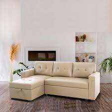 Naomi Home Perry Modern Sectional Sofa With Storage Chaise Color Beige Fabric Air Leather