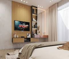 Brown Wall Mounted Bedroom Wooden Tv