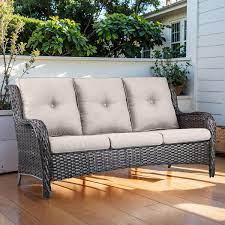 3 Seat Wicker Outdoor Patio Sofa Couch With Deep Seating And Cushions Suitable For Porch Deck Balcony Brown Beige