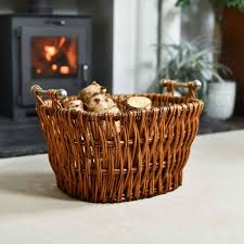 Aged Wicker Log Basket With Metal