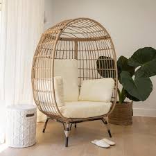 Barton 40 In W Oversized Wicker Egg Chair Patio Backyard Living Room Indoor Outdoor Chaise Lounge With Beige Cushions