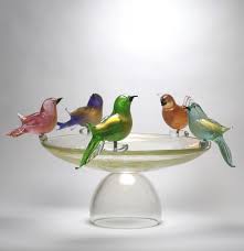 Footed Murano Glass Bowl With 5 Birds