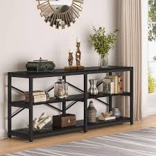 Turrella 70 9 In Black Extra Long Rectangle Wood Console Table Sofa Table Behind Couch Table With Storage Shelves