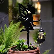 Solar Fairy Garden Decor 2 Pack Metal Hanging Lantern Solar Outdoor Garden Decoration Silhouette Light Stake
