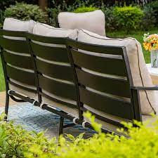 Phi Villa Metal 5 Seat 4 Piece Steel Outdoor Patio Conversation Set With Rocking Chairs Beige Cushions And Marble Pattern Table