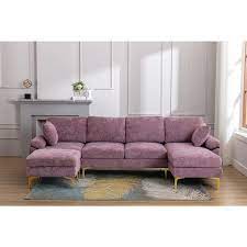 114 In Rolled Arm 4 Piece Velvet L Shaped Sectional Sofa In Purple With Chaise
