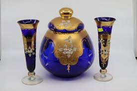 Lot Bohemia Blue Glass Vases Lidded Jar