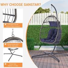Patio Swing Egg Chair Folding Hanging Chair With Pillow And Stand Navy Blue