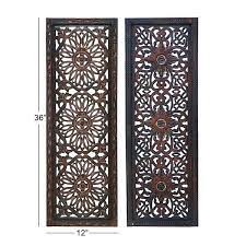 Benzara Fl Hand Carved Wooden Wall Panels Assortment Of Two Brown