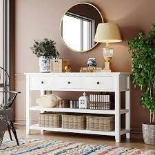 Retro Antique 50 In L White Rectangle Console Table Sofa Table With 2 Open Shelves 3 Drawers Pine Solid Wood Frame