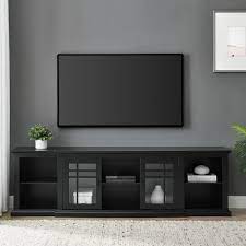 Welwick Designs 80 In Black Transitional Wood And Glass Door Tv Stand With Cable Management Max Tv Size 88 In