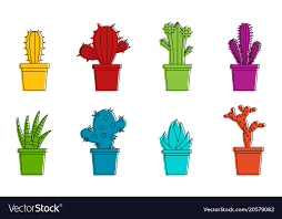 Room Cactus Icon Set Color Outline