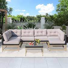 7 Piece Rattan Sectional Sofa Set Outdoor Conversation Set All Weather Wicker Sectional Seating Group With Cushions Coffee Table Morden Furniture