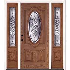 Feather River Doors 67 5 In X81 625 In Lakewood Patina 3 4 Oval Lt Stained Medium Oak Right Hand Fiberglass Prehung Front Door W Sidelites Oak
