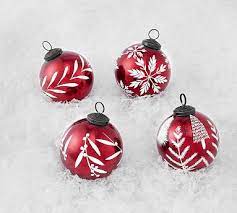 Red Etched Mercury Glass Ball Ornaments