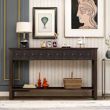 60 In Black Rustic Standard Rectangle Wood Console Table With 2 Diffe Size Drawers And Shelf For Storage