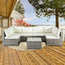 Gray Wicker 7 Piece Modular Outdoor Sectional Patio Furniture Conversation Set W Beige Cushions 6chairs 1coffee Table