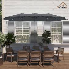 15 Ft Steel Patio Double Side Market Umbrella With Base And Solar Light With Base In Dark Gray