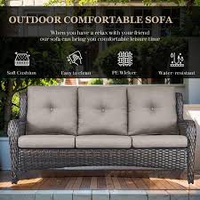 3 Seat Wicker Outdoor Patio Sofa Couch With Deep Seating And Cushions Suitable For Porch Deck Balcony Brown Gray