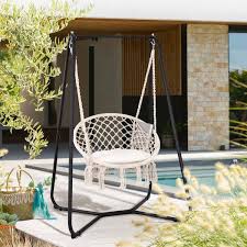 Patio Swing Chair With Stand And Cushion 330 Lbs Capacity Patent Pending Beige