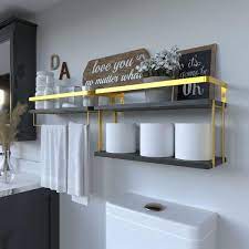 Dracelo 16 14 In W X 6 In D X 3 In H Gold Black 2 1 Tier Bathroom Wall Mounted Floating Shelves With Metal Frame