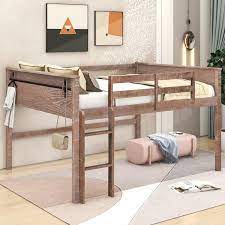 Distressed Style Natural Full Size Wood Low Loft Bed With Hanging Clothes Racks Built In Ladder