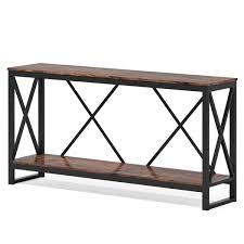 Ellie 70 9 In Vintage Brown Rectangle Wood Console Table 2 Tier Industrial Sofa Table Hallway Table For Home Office