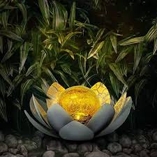 Solar Lights Outdoor Garden Decor Amber Le Globe Glass Lotus Decoration Waterproof Gray Metal Flower Light