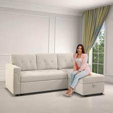 Naomi Home Jenny Tufted Sectional Sofa Sleeper With Storage Chaise Color Cream Fabric Velvet