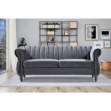 Louis 76 4 In Grey Velvet 3 Seater Chesterfield Sofa With Nailheads