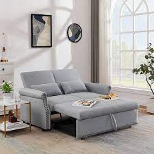 68 9 In W Rolled Arm Polyester Fabric Rectangle Convertible Sofa With Pillow In Gray