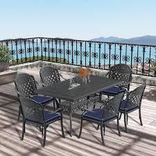 Willit Isabella 7 Piece Cast Aluminum Outdoor Dining Set With 59 05 In X 35 43 In Rectangular Table And Random Color Cushions