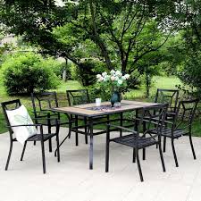 Phi Villa Black 7 Piece Metal Outdoor Patio Dining Set With Geometric Rectangle Table And Fancy Stackable Chairs