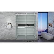 Vanityfus 60 In W X 76 In H Double Sliding Frameless Shower Door In Brushed Nickel With Soft Closing And 3 8 In 10 Mm Glass