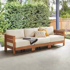 Barton Wood Weather Resistant 3 Person Outdoor Couch With Stain Resistant And Fade Proof White Cushions