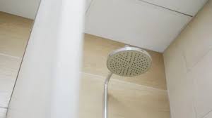 Shower Head On Beige Tiled Wall In