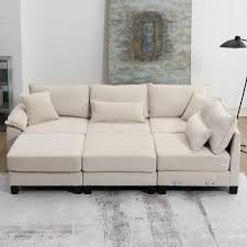 133 In W Corduroy Fabric Modular Sectional Sofa In Beige With Armrest Bags 6 Seat Freely Combinable Sofa Bed