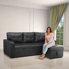 Homestock Black Tufted Sectional Sofa